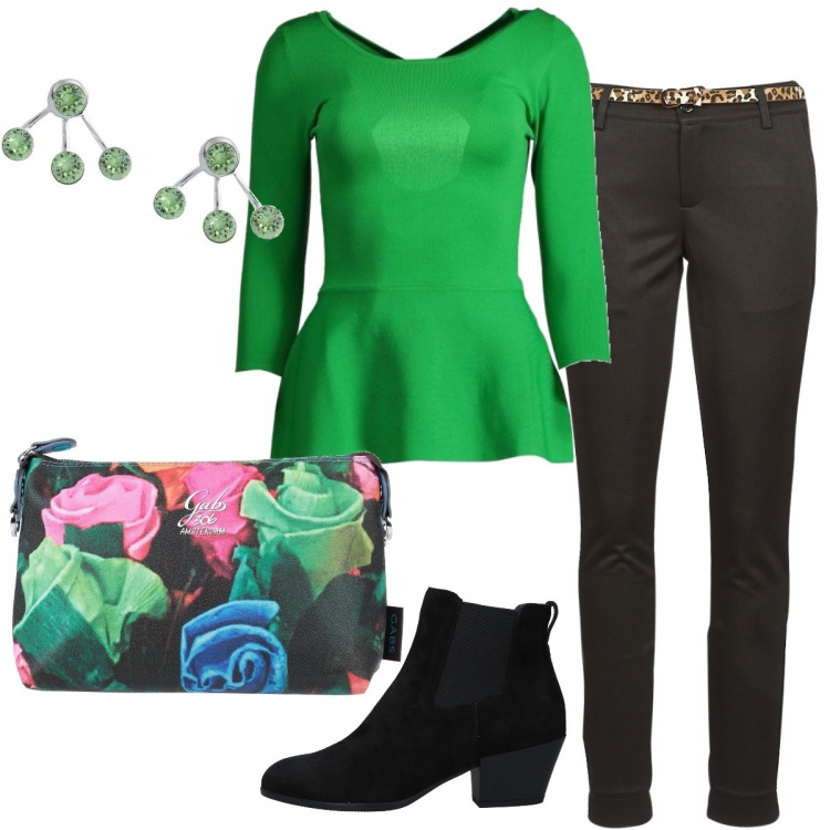 Outfit donna - Trendy #21674. Stile Trendy per Tutti i giorni. Abbinamento con stivaletti chelsea, borse, orecchini, pantaloni, pullovers.