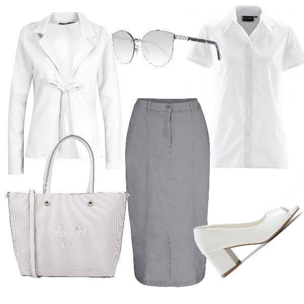 Outfit donna - Basic al lavoro. Stile Basic per Ufficio. Abbinamento con camicie a manica corta, décolleté, gonne, borse a mano, blazer, occhiali da sole.