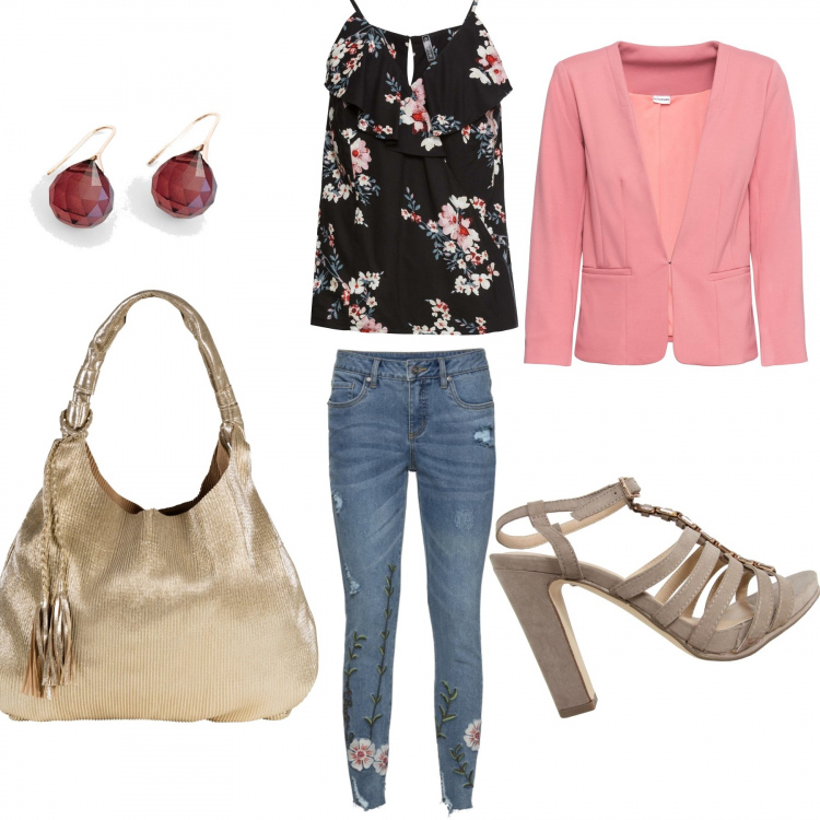 Outfit donna - A Pasqua restoacasa !. Stile Basic per Tutti i giorni. look ideale per Petite. Abbinamento con jeans, top, blazer, borse a spalla, orecchini, scarpe col tacco.