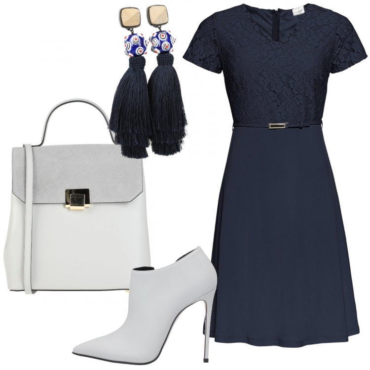 Outfit donna - Bon Ton #10088. Stile Bon Ton per Serata fuori. Abbinamento con vestiti corti, stivaletti, borse a mano, orecchini.