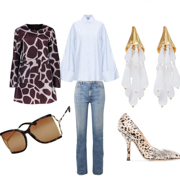Outfit donna - Casual chic!. Stile Trendy per Sport. Abbinamento con orecchini, camicia, jeans, occhiali da sole effetto acetato marrone, décolleté, cappotti.