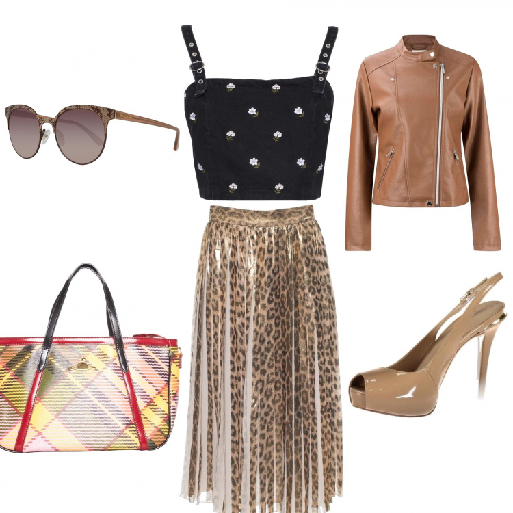 Outfit donna - Non passo inosservata!. Stile Sexy per Serata fuori. look ideale per Petite. Abbinamento con blazer, gonne, scarpe col tacco, borsa, top, occhiali da sole farfalla multicolore.