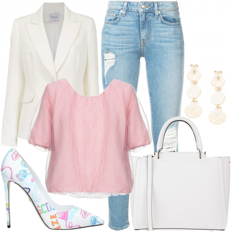Outfit donna - Voglia di primavera. Stile Trendy per Ufficio. Abbinamento con pullover, décolleté, borse a mano, jeans skinny, orecchini, blazer.