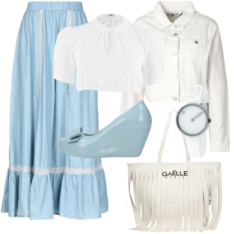 Outfit donna - Gonnellona. Stile Etnico per Tutti i giorni. Abbinamento con camicie, zeppe, gonne lunghe, orologi, giacca, borsa.