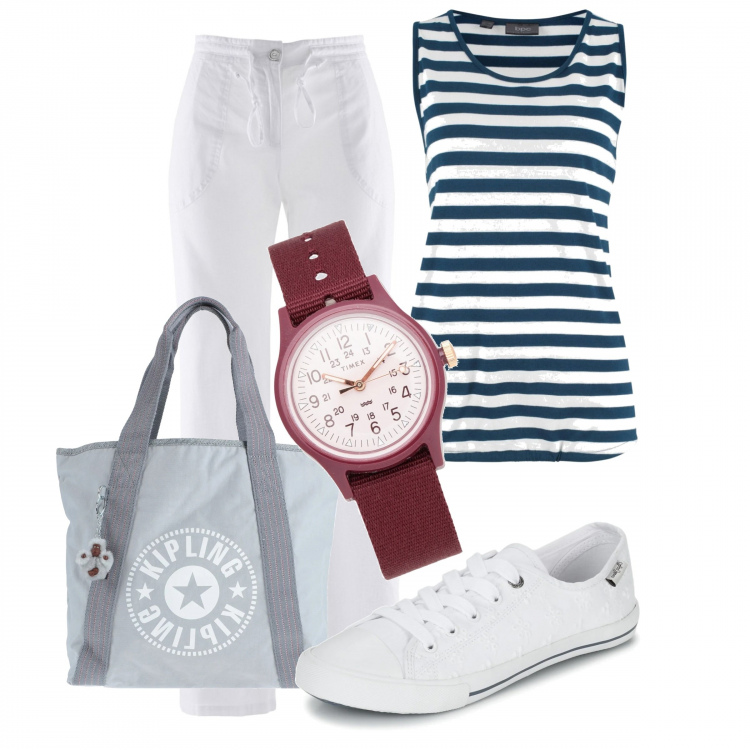 Outfit donna - Gita in barca. Stile Basic per Tutti i giorni. Abbinamento con pantaloni a palazzo, top, borsa a mano, orologi, sneakers.