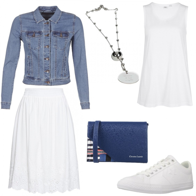 Outfit donna - #Charo. Stile Basic per Tutti i giorni. Abbinamento con borse a spalla, pantaloni, gonna longuette, sneakers, giacche, collane.