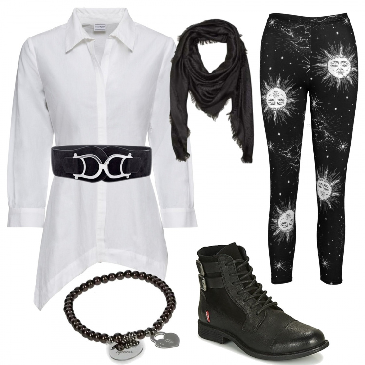 Outfit donna - Leggings con il sole. Stile Basic per Tutti i giorni. Abbinamento con cinture, camicie, leggings, stivaletti, braccialetti, sciarpe.