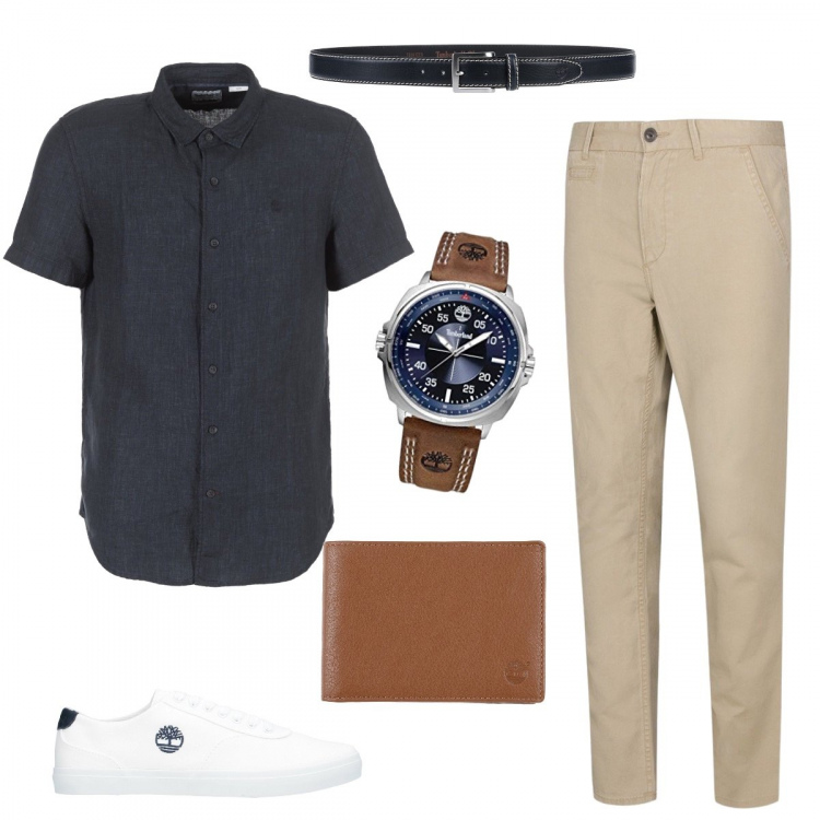 Outfit uomo - Primavera in Timberland. Stile Casual per Tutti i giorni. Abbinamento con camicia a maniche corte, sneakers, portafogli, cinture, pantalone lungo, orologio analogico con cinturino.