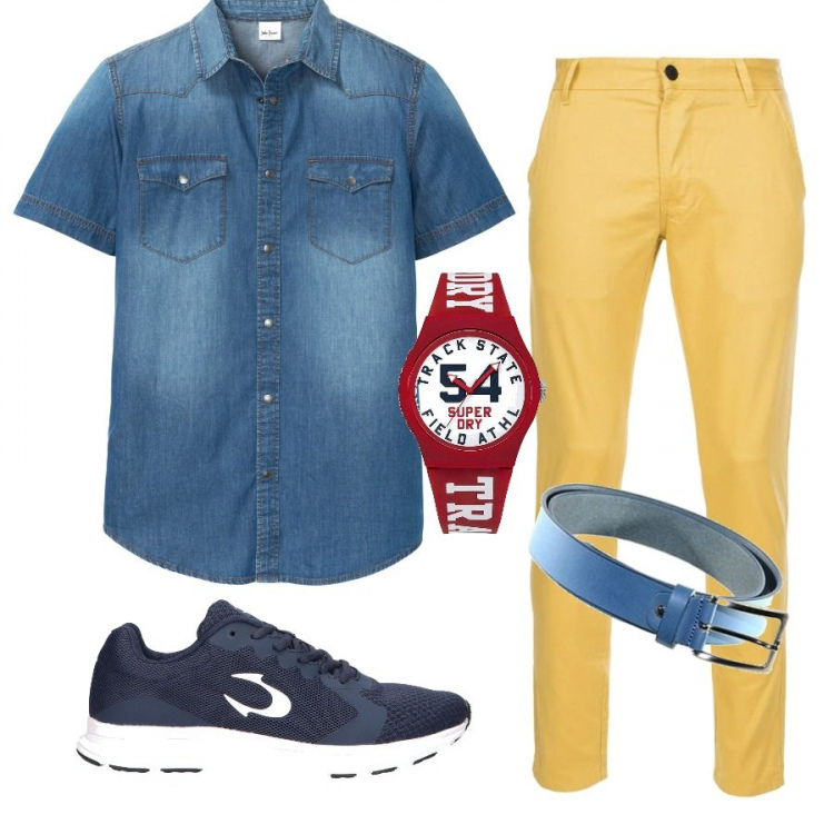 Outfit uomo - Passeggiate di maggio. Stile Urban per Tutti i giorni. Abbinamento con camicie a manica corta, cinture, orologio, pantaloni, sneakers.