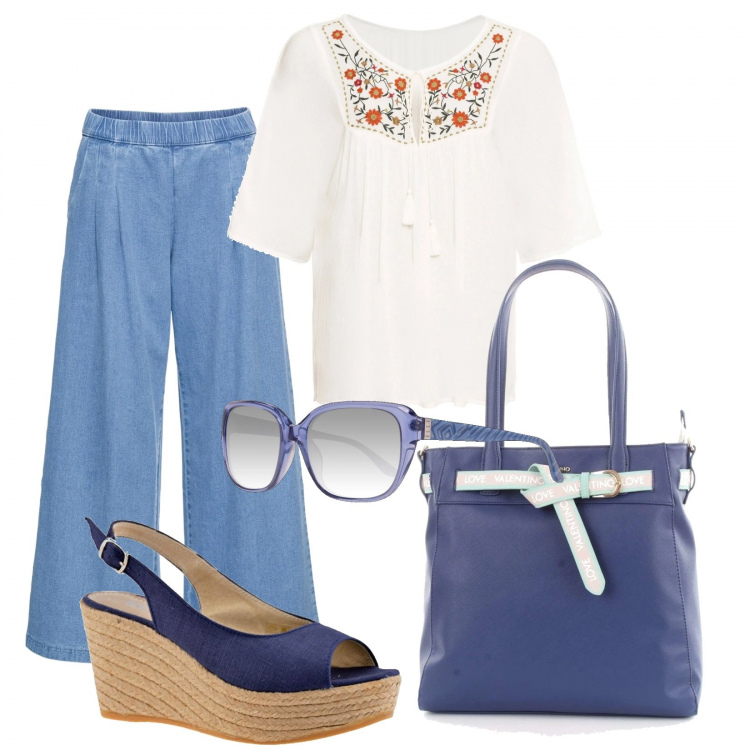 Outfit donna - Etnico #1633. Stile Etnico per Tutti i giorni. Abbinamento con tuniche, jeans, sandali, borsa a spalla, occhiali da sole.
