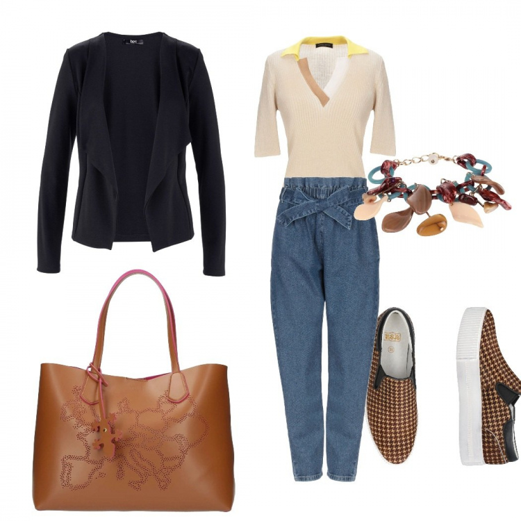Outfit donna - Basic, wow finalmente la primavera. Stile Basic per Tutti i giorni. Abbinamento con blazer, pantalone lungo, sneakers, pullovers, braccialetto, borsa.