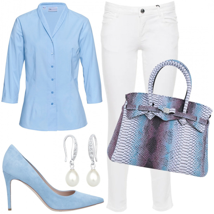 Outfit donna - Bianco e azzurro. Stile Trendy per Ufficio. Abbinamento con camicie, borse a mano, décolleté, jeans, orecchini.