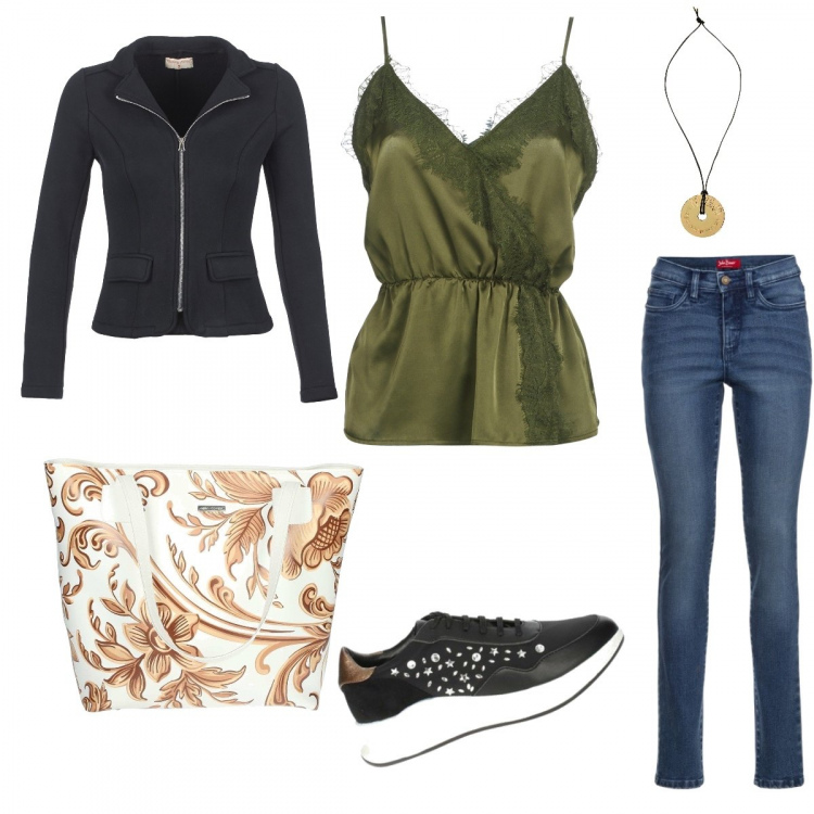 Outfit donna - Blazer casual. Stile Urban per Tutti i giorni. Abbinamento con jeans slim fit, collane, sneakers, top, giacca, shopping bag.
