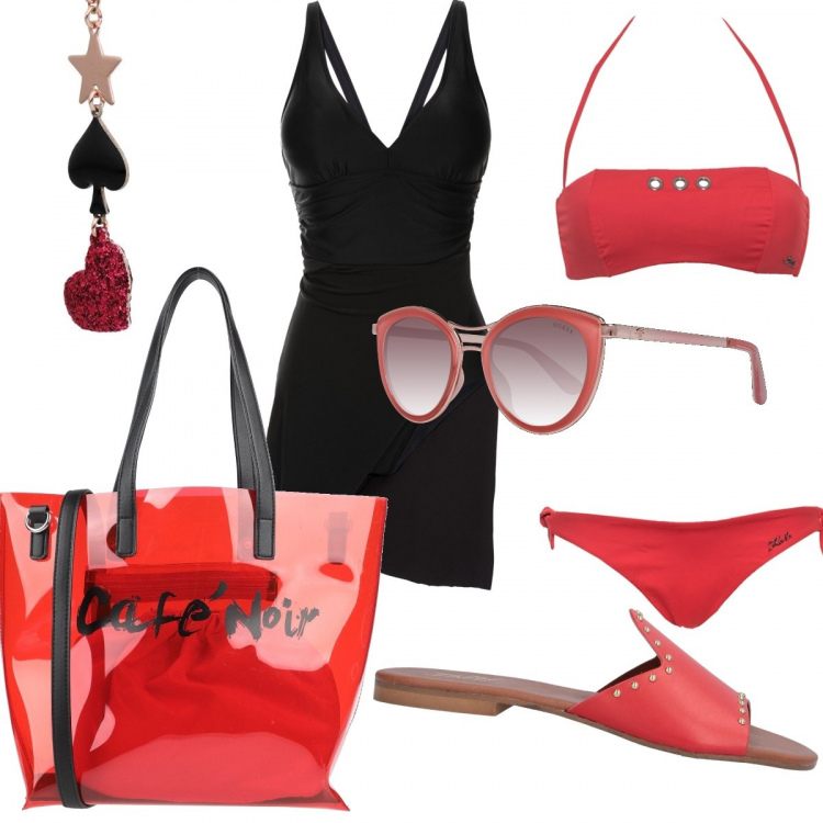 Outfit donna - Cuori o picche?. Stile Basic per Mare. look ideale per Tall. Abbinamento con vestiti da spiaggia, borse a mano, orecchini, sandali, costumi, occhiali da sole.