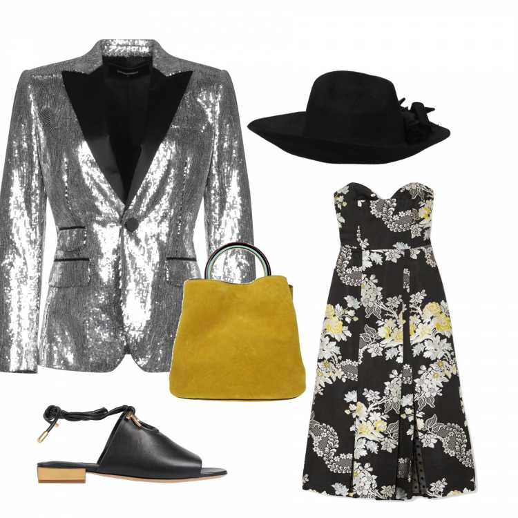 Outfit donna - Serata estiva Glamour. Stile Bon Ton per Serata fuori. Abbinamento con vestiti midi/longuette, sandali in pelle, blazer, borsa a mano, cappelli.