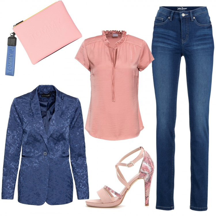 Outfit donna - Trendy #21907. Stile Trendy per Serata fuori. Abbinamento con jeans, bluse, blazer, borsa a mano, sandali.