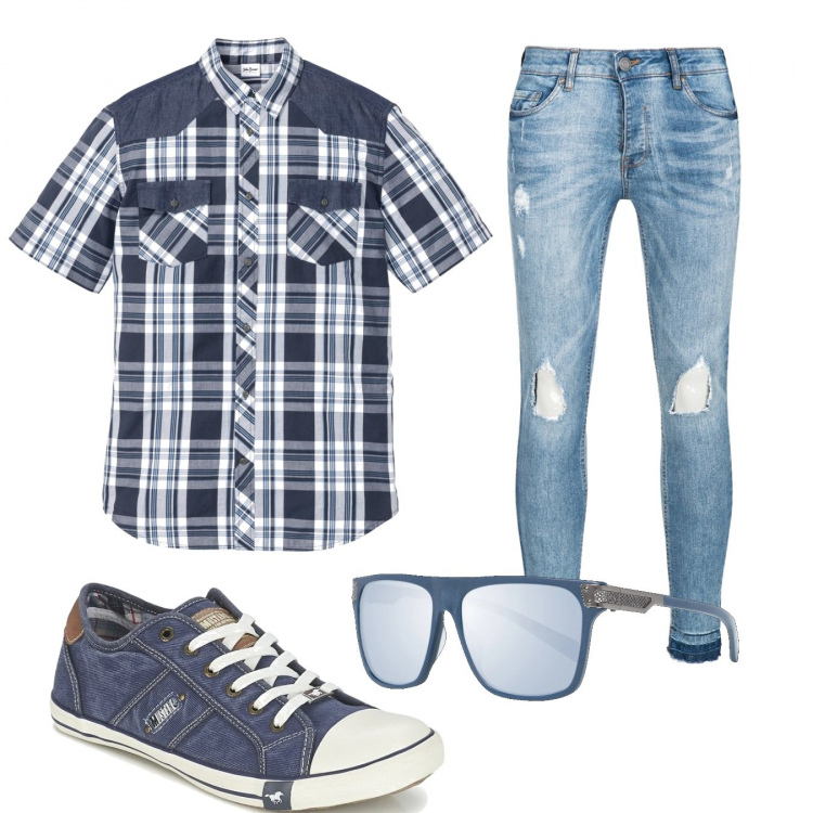Outfit uomo - Casual #6320. Stile Casual per Tutti i giorni. Abbinamento con camicie a manica corta, sneakers, occhiali da sole, jeans.