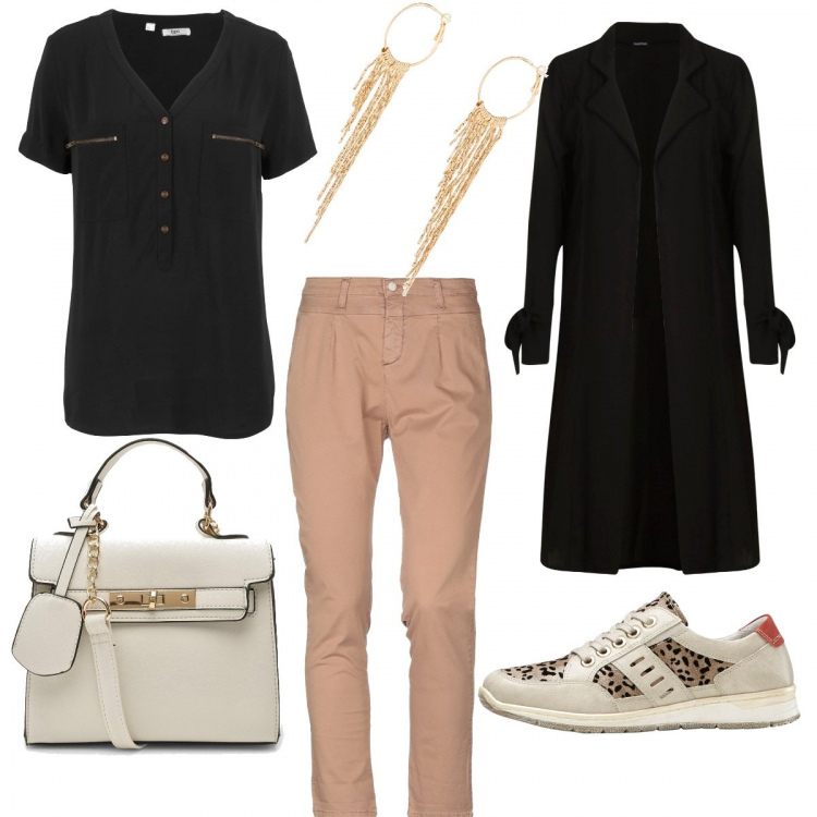 Outfit donna - Trendy #21923. Stile Trendy per Tutti i giorni. Abbinamento con camicie a manica corta, sneakers, orecchini, pantalone chino, cardigan, borsa a tracolla.