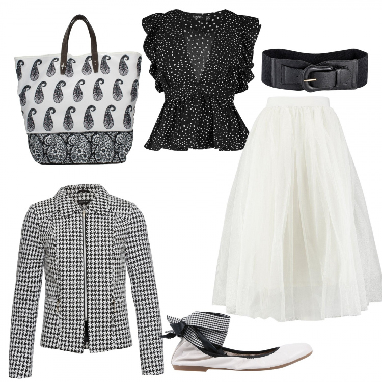 Outfit donna - Mix di fantasie. Stile Bon Ton per Tutti i giorni. Abbinamento con cinture, blazer, ballerine, gonne longuette, top, borsa a mano.