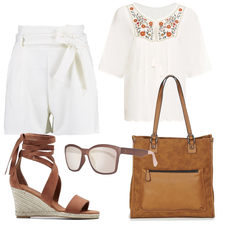 Outfit donna - Etnico #1720. Stile Etnico per Tutti i giorni. Abbinamento con tuniche, sandali, shorts, borsa a spalla, occhiali da sole.