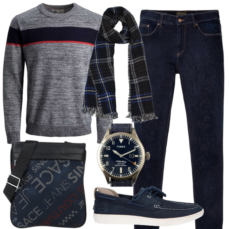 Outfit uomo - Trendy #2538. Stile Trendy per Serata speciale. Abbinamento con jeans dritti, borsa a tracolla, sciarpe, maglioni, mocassini, orologio.