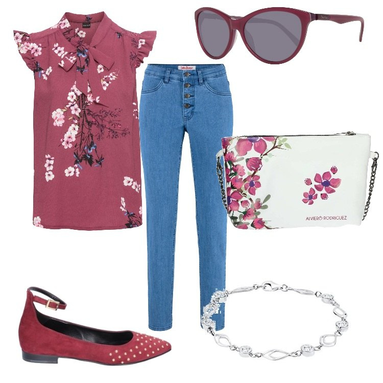 Outfit donna - Floreale. Stile Basic per Tutti i giorni. Abbinamento con tute, bluse, borsa a tracolla, ballerine, braccialetti, occhiali da sole.