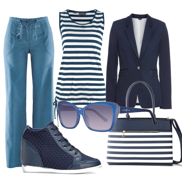 Outfit donna - Basic #13991. Stile Basic per Tutti i giorni. Abbinamento con pantaloni a palazzo, stivaletti, portafogli, blazer, top, occhiali da sole.