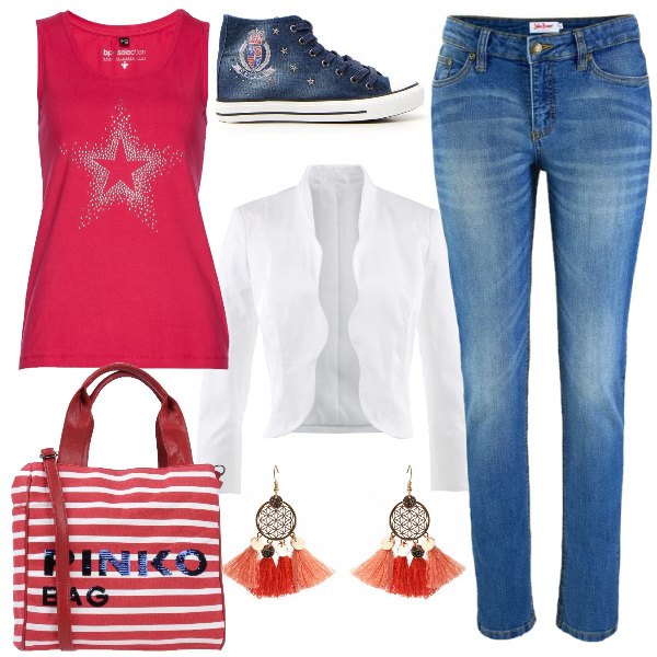 Outfit donna - Orecchini fashion. Stile Trendy per Tutti i giorni. Abbinamento con jeans skinny, borsa a mano a righe con paillettes taglia media doppio manico interno foderato in pelle sintetica con tracolla removibile, orecchini con nappine multicolore e rosso.