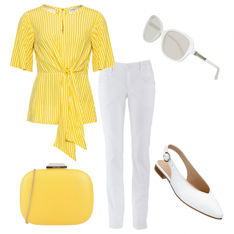 Outfit donna - Domenica, gita fuori porta. Stile Bon Ton per Tutti i giorni. Abbinamento con pantaloni, bluse, ballerine, borse a mano, occhiali da sole.