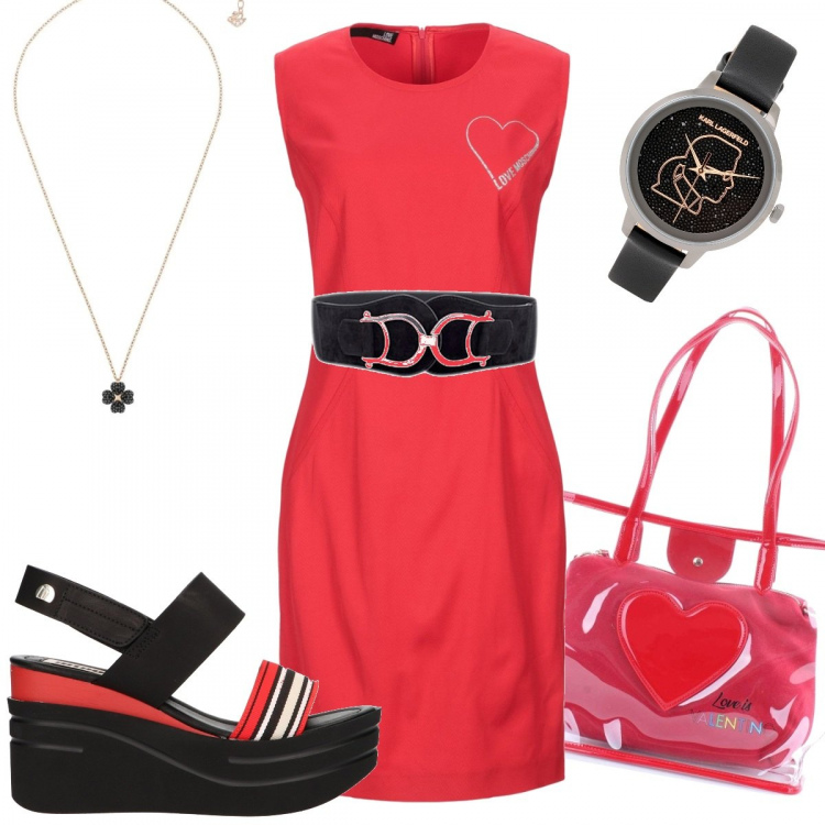 Outfit donna - Al bar con le amiche. Stile Basic per Tutti i giorni. Abbinamento con cinture, vestiti corti, orologi, borse a spalla, sandali, ciondoli.