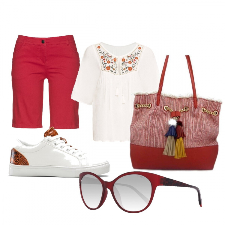 Outfit donna - Bermuda rossi. Stile Basic per Tutti i giorni. Abbinamento con tuniche, bermuda, sneakers, borsa a spalla, occhiali da sole.