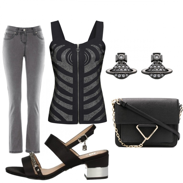 Outfit donna - Acida. Stile Basic per Tutti i giorni. Abbinamento con jeans slim fit, top, orecchini, sandali, borsa a spalla.