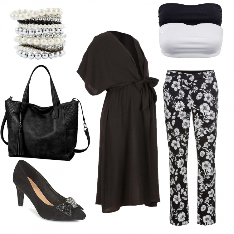 Outfit donna - Black&white premaman. Stile Basic look ideale per Premaman. Abbinamento con top, braccialetti, pantalone lungo, shopping bag, cardigan, scarpa.