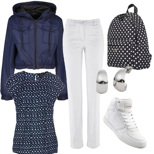 Outfit donna - Miss pois. Stile Basic per Scuola/Università. Abbinamento con pantaloni, bluse, pantaloni, orecchini, zaini, impermeabile.