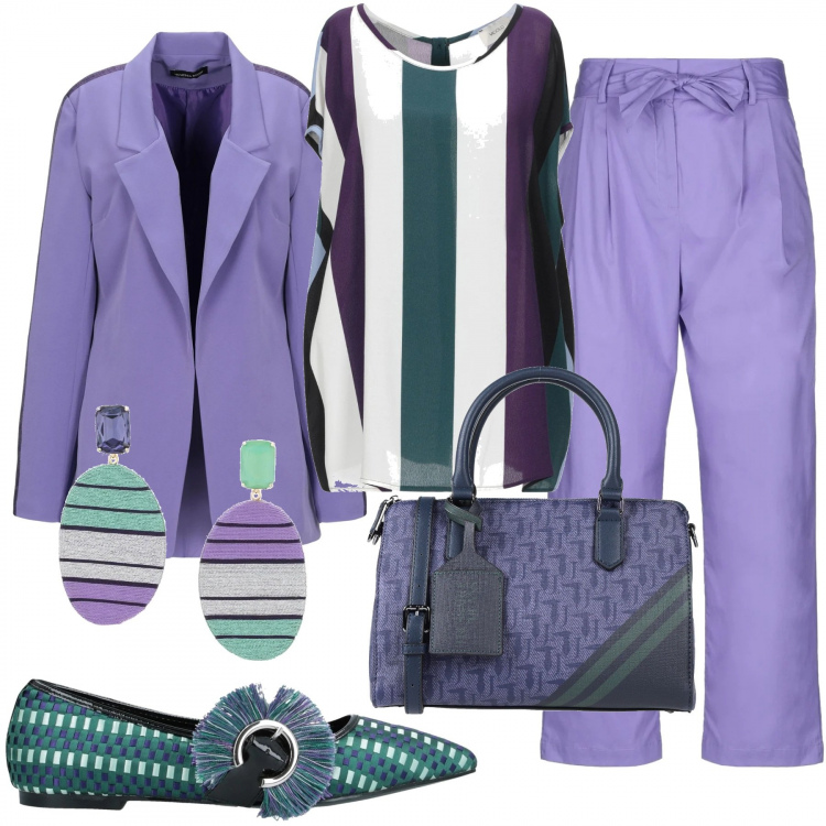 Outfit donna - Trendy #22086. Stile Trendy per Scuola/Università. Abbinamento con pantaloni, blazer, bluse, ballerine, borsa a mano, orecchini.