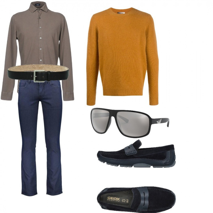Outfit uomo - Casual, giornata dedicata tempo libero. Stile Casual per Tutti i giorni. Abbinamento con cintura, maglione, mocassini, occhiali da sole, camicie, pantaloni.
