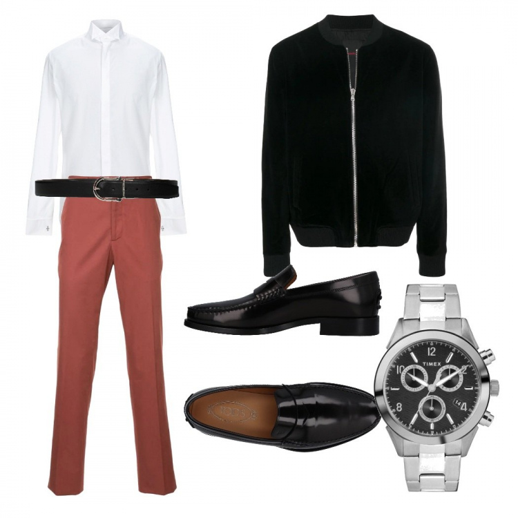 Outfit uomo - Casual, aperitivo insieme. Stile Casual per Serata speciale. Abbinamento con cinture, bomber, pantalone lungo, camicia, mocassini, orologio.