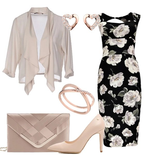 Outfit donna - Tubino longuette a fiori. Stile Bon Ton per Serata fuori. Abbinamento con gonne, anello in ottone.