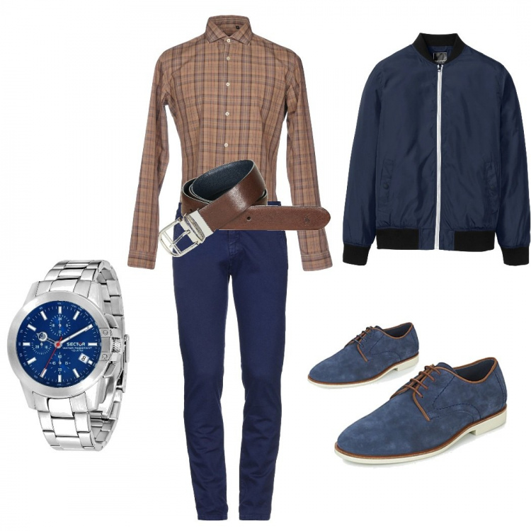 Outfit uomo - Casual, tempo libero. Stile Casual per Tutti i giorni. Abbinamento con scarpe stringate, cinture, camicie, pantaloni, bomber, orologi.