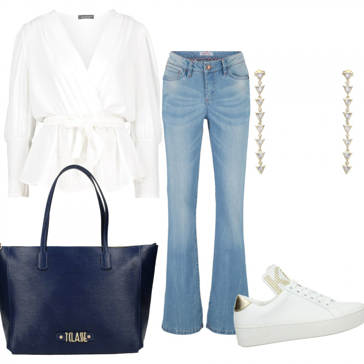 Outfit donna - Jeans+sneakers. Stile Basic per Scuola/Università. Abbinamento con jeans bootcut, orecchini, blusa, sneakers, shopping bag.