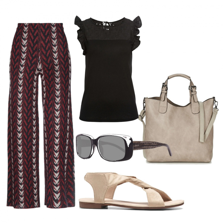 Outfit donna - Basic #13988. Stile Basic per Tutti i giorni. Abbinamento con pantalone lungo, t-shirt, sandali, borsa a mano, occhiali da sole.