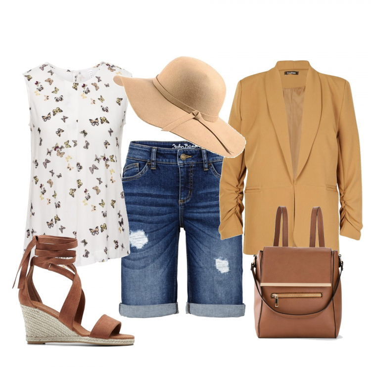Outfit donna - Basic #13692. Stile Basic per Tutti i giorni. Abbinamento con top, bermuda, zaini, sandali, blazer, cappelli.