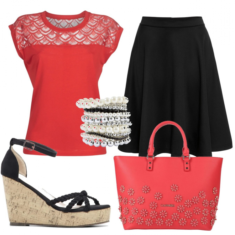Outfit donna - Trendy #22148. Stile Trendy per Tutti i giorni. Abbinamento con gonne, braccialetti, sandali, borse a mano, t-shirt.