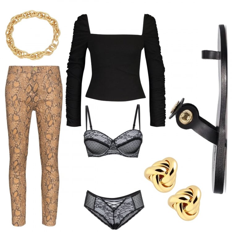 Outfit donna - Stiamo a casa per cena?. Stile Chic per Serata fuori. Abbinamento con culotte, orecchini, anelli, top, sandali, jeans skinny.