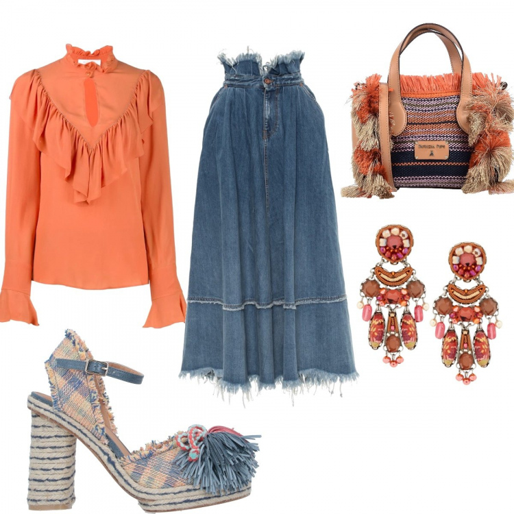 Outfit donna - Etnico #1657. Stile Etnico per Tutti i giorni. Abbinamento con zeppe, borse a mano, orecchini, blusa, gonne.