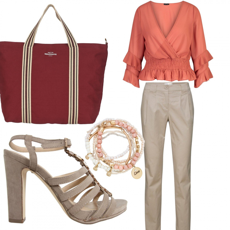 Outfit donna - Shopping con stile!. Stile Basic per Tutti i giorni. Abbinamento con pantaloni chino, braccialetti, camicia, borsa, scarpe col tacco.
