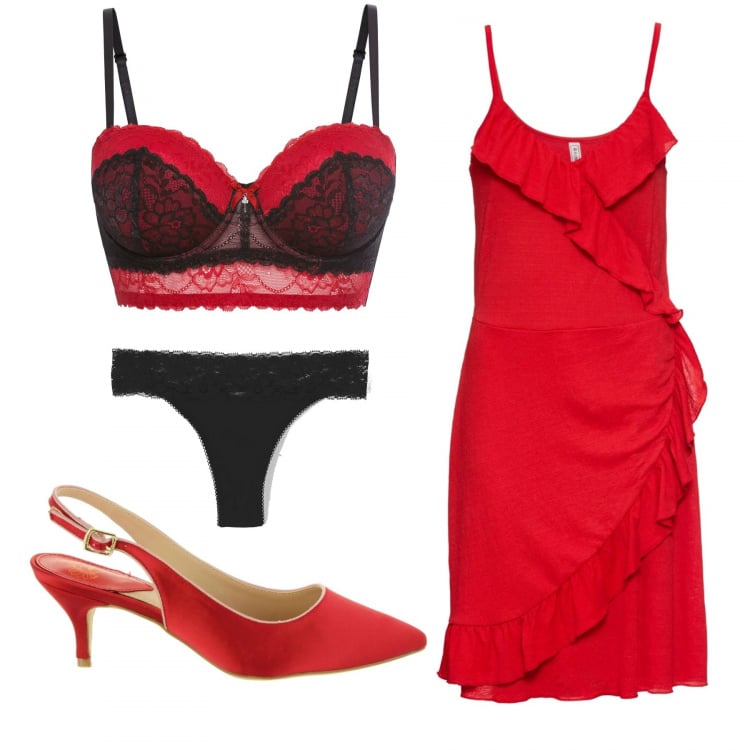 Outfit donna - #02 Red Dress. Stile Sexy per Serata fuori. Abbinamento con vestiti, reggiseni a balconcino, slip, scarpe col tacco.