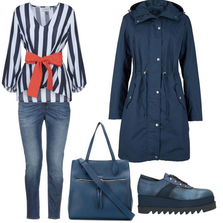 Outfit donna - Una giornata col fiocco. Stile Trendy per Tutti i giorni. Abbinamento con bluse, scarpe stringate, jeans, parka, borsa a spalla.