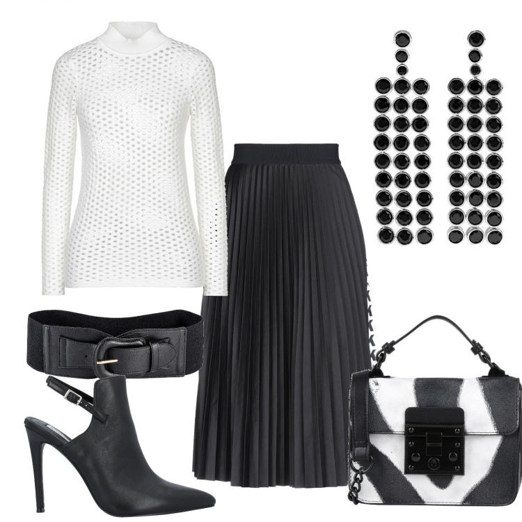 Outfit donna - Primavera black & white. Stile Chic per Serata fuori. Abbinamento con cinture, gonne longuette, décolleté, borse a mano, pullover, orecchini.