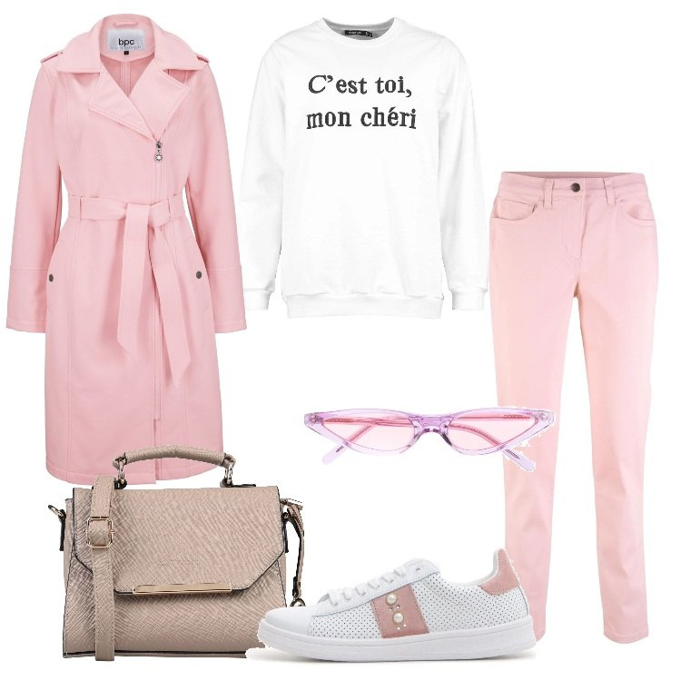 Outfit donna - TREND: Il trench. Stile Basic per Scuola/Università. Abbinamento con pantalone lungo, trench, borsa a mano, felpa, occhiali da sole lenti colorate con logo rosa, sneakers.